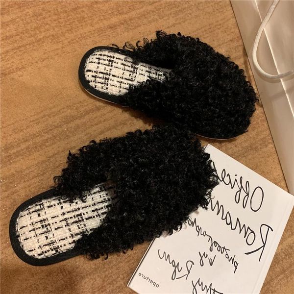 

slippers low shoes woman 2021 flock massage fur flip flops luxury slides house plush designer flat pvc rome fabric fashion basic, Black