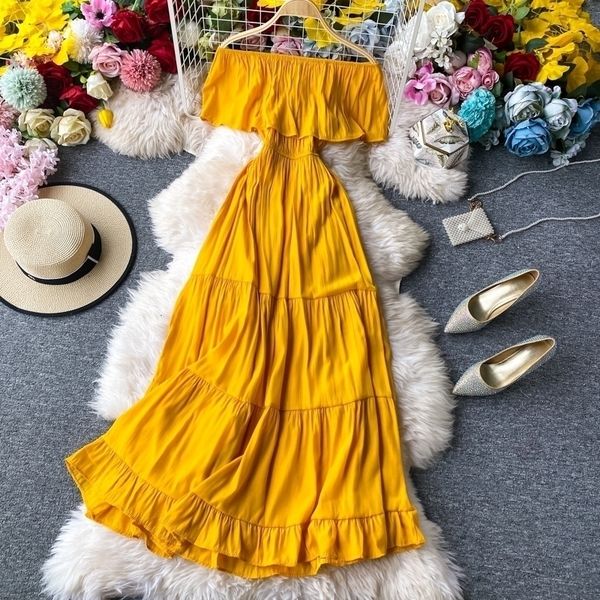 

off shoulder beach dress women slim high waist summer yellow midi dresses elegant ladies elegant party dress vestidos mujer 210309, Black;gray