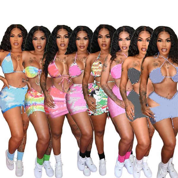 

plus size s-2xl women bikini three piece set swimsuit halter padded bra+bikini bottom+mini skirts summer clothes fashion letter bathing suit, White;black