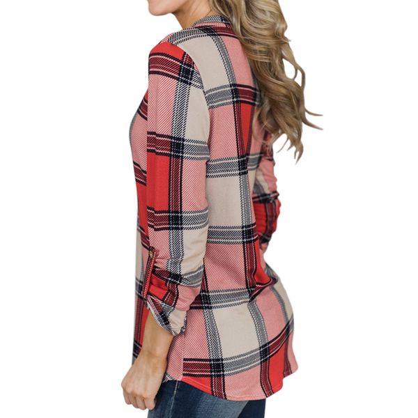 

european and american v-neck plaid printed casual blouse plus size womens and blouses b121, Gray