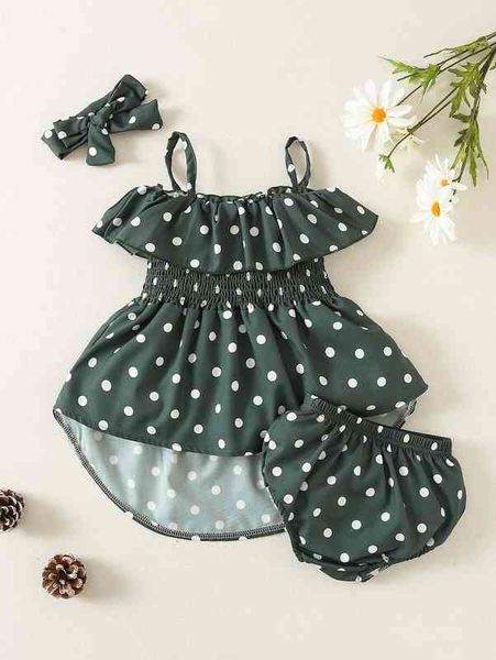 

baby polka dot shirred waist high low hem dress & shorts & headband she, White
