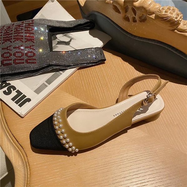 

fashion womens shoes 2021 pearl sandals summer heels luxury girls block flat open comfort new multicolored buckle strap fabric s, Black