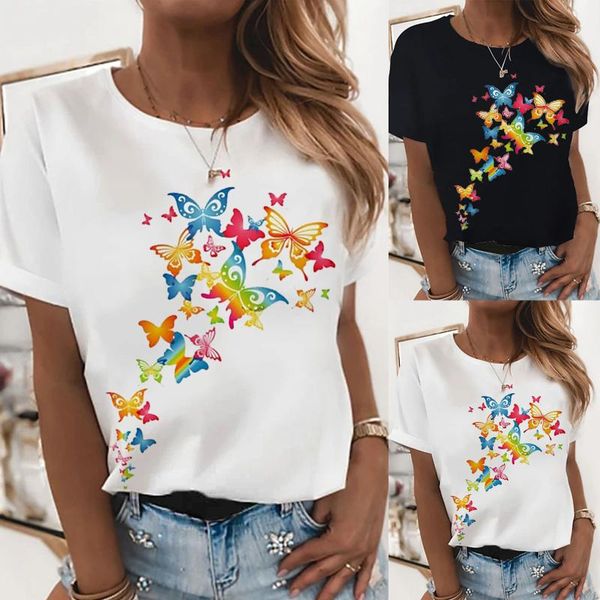 

women's t-shirt gradient tie-dye butterfly print t-shirts hundred o-neck oversized loose summer short sleeve tshirt ropa mujer, White