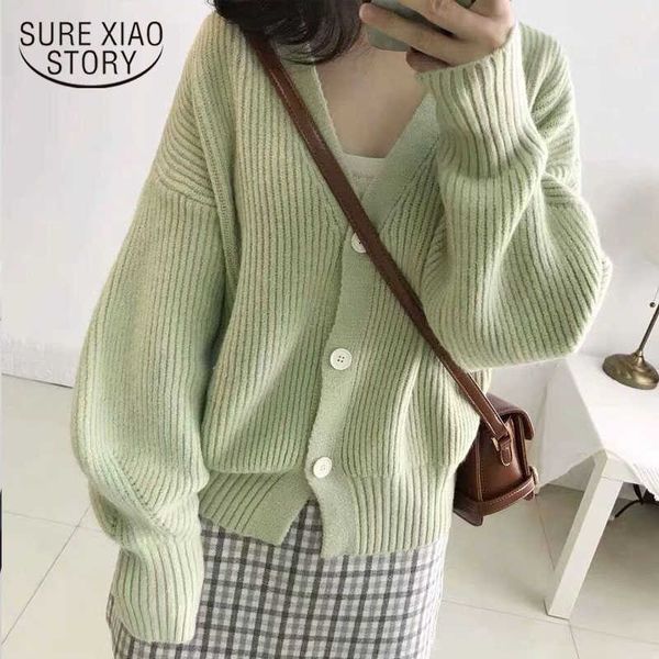 

women long sleeve knitted cardigan autumn and winter plus size loose solid women's sweater single breasted female cardigan 11636 210528, White