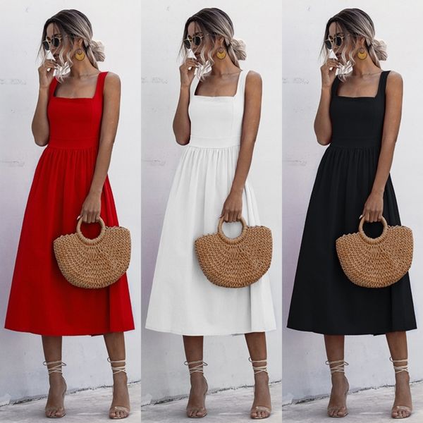 Frauen Langes Kleid Plissee Spaghetti Strap Kleidung Sexy Backless Casual Sommer Geraffte Slip Midi Sommerkleider Damen Weiß Schwarz 210308