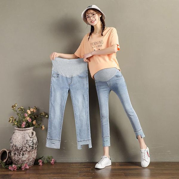 

maternity bottoms 2021 summer jeans irregular ankle-length preppy style cotton belly pants with pockets pregnant women denim trousers, White