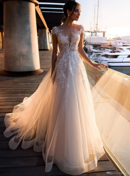 

2021 new style long boho wedding a-line floor length custom make court train appliques tulle bride gowns vestido de noiva bj5k, White