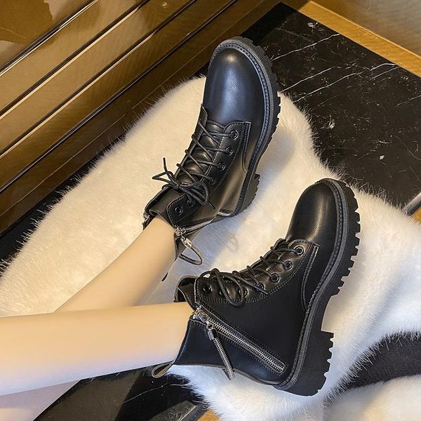 

boots summer women female shoes round toe luxury designer boots-women flat heel zipper ladies rock autumn fashion rubber low 202, Black