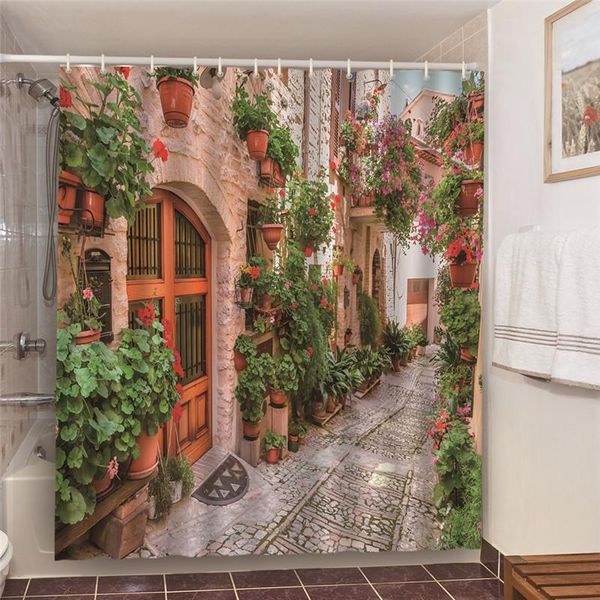 

shower curtains european old buildings courtyard potted plant background wall screen home decor bathroom waterproof