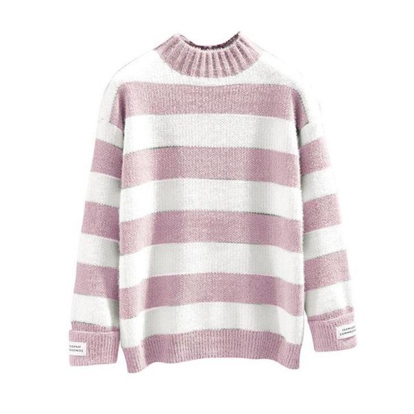 

2021 autumn new stripe knit thick female turtleneck knit coat jumper imitated wool mink sweater loose women streetwear cute l0g1, White;black