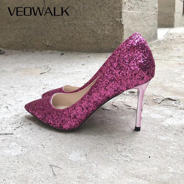 

dress shoes veowalk bling sequins fashion ladies high heels pointed toe 5/7/9cm stiletto heeled party wedding bridal pumps, Black