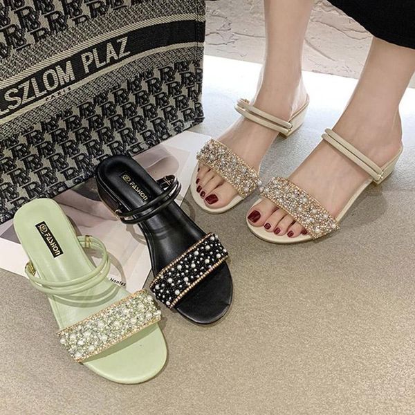 

slippers plus size 35- 41 women string bead sandals 2021 summer pearl shoes woman slides ladies shoe bling sandalias mujer 8114n, Black