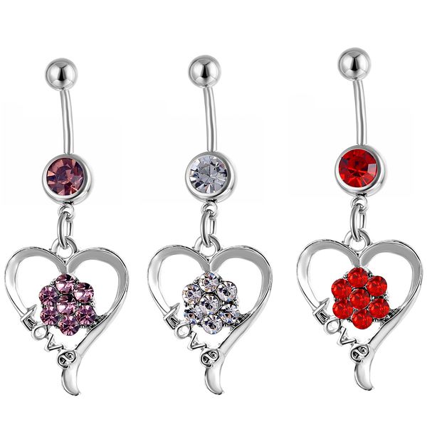 

d0539 heart red color belly navel button ring, Silver