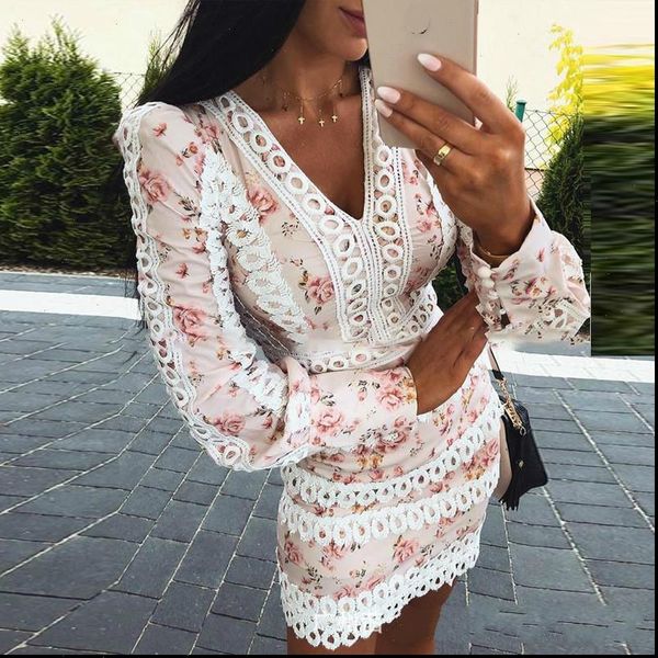 

2021 spring new arrivals fashion long sleeve slim v neck hollow out floral print short mini bodycon dress women, Black;gray