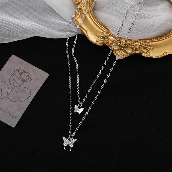 

chokers double butterfly necklace female fashion ins cold wind light luxury clavicle chain, Golden;silver