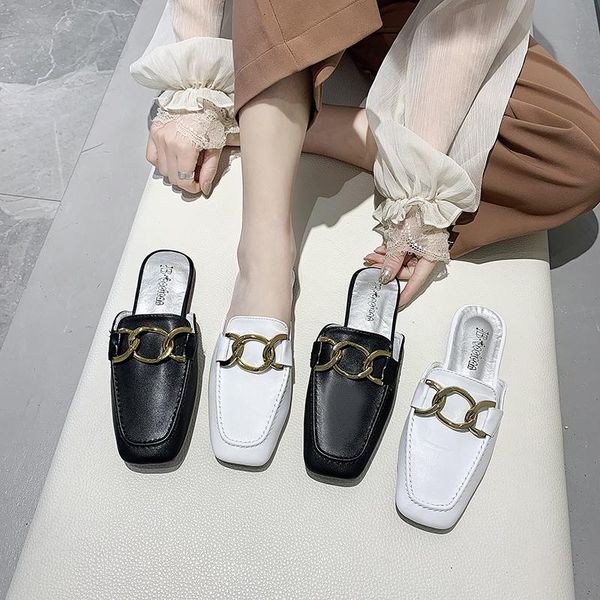 

slippers metal chain square toe mules summer brief casual solid flats shoes woman comfy concise ladies slides outwear flip flops, Black