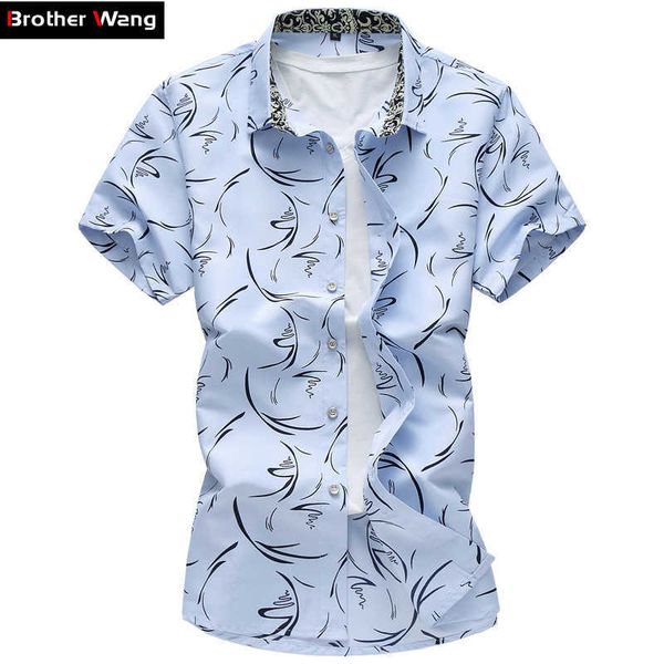 

plus size 5xl 6xl 7xl summer men shirt casual print short sleeve hawaii male brand clothing 210809, White;black