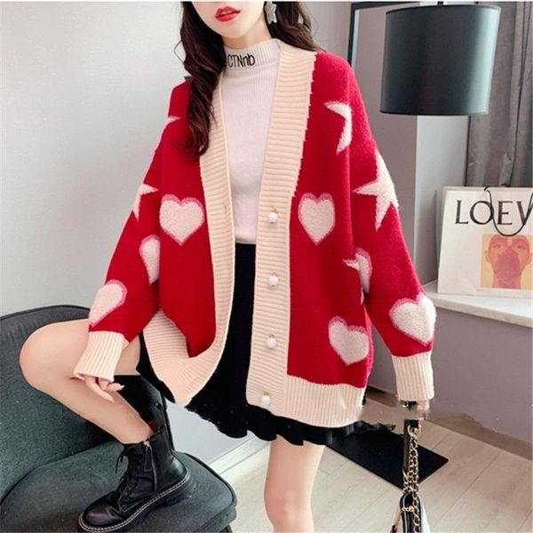 

women's knits & tees autumn winter loose long sleeve cardigan coat fashion ins love heart jacquard sweater v neck single breasted woman, White