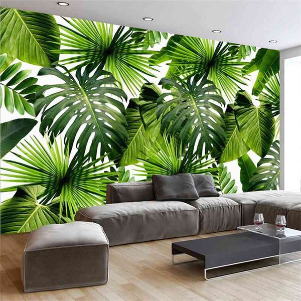 Personalizado 3D Mural Papel de Parede Tropical Chuva Floresta Banana Folhas Po Murais Sala de estar Restaurante Café Pano de fundo Papel Murais 210722