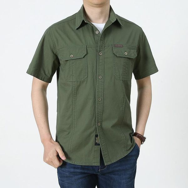 

large size -5xl 2021 summer men's casual army green short sleeve shirt man 100% cotton khaki loose shirts male black blue, White;black