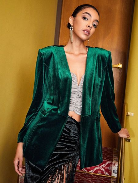 

open front shoulder pad velvet blazer n7uz#, White;black