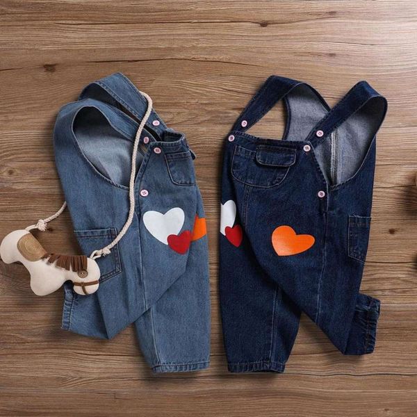 

autumn new children's love printing denim strap pants, Blue