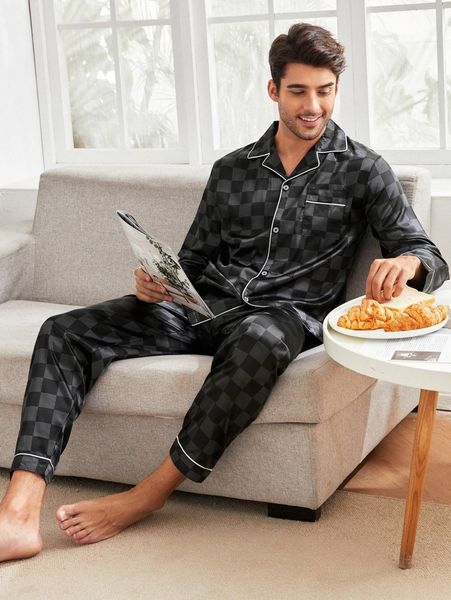 

men satin checker print pj set u7pr#, Black;brown
