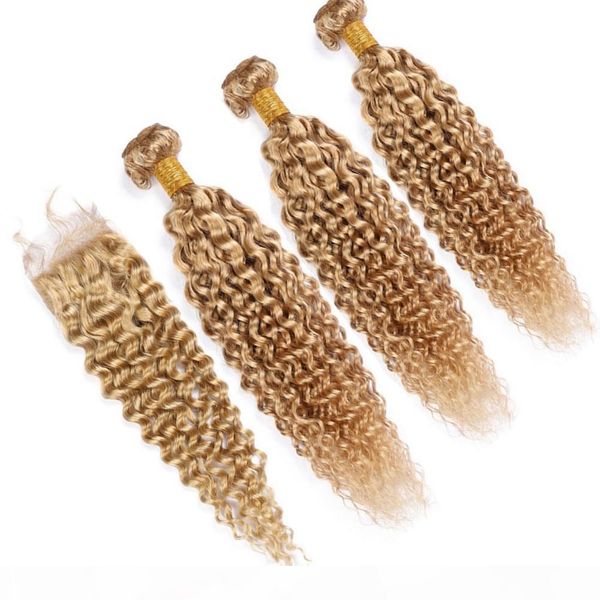 

#27 honey blonde kinky curly human hair closure with bundles strawberry blonde peruvian curly human hair weaves with lace closure 4x4, Black;brown