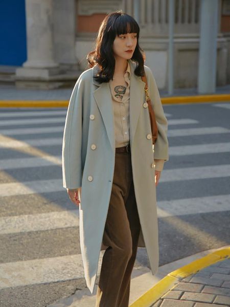 

women's wool & blends hepburn cashmere coat high-end long double-sided tweed in autumn and winter 2021, Black