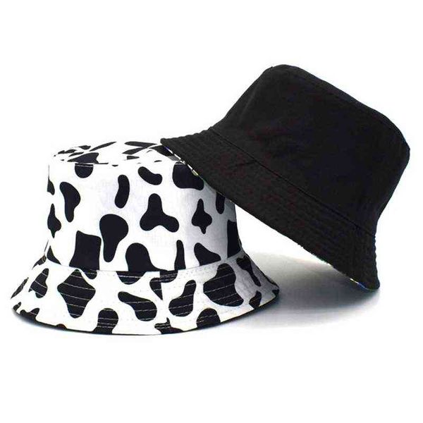 

reversible bucket hats for women men black white cow pattern red white red grid banana printed fisherman caps fashion hat g220311, Blue;gray