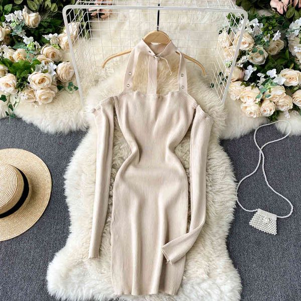 

women knitted elastic off shoulder halter buttocks dress long sleeve round collar fashion spring summer 11b370 210525, Black;gray