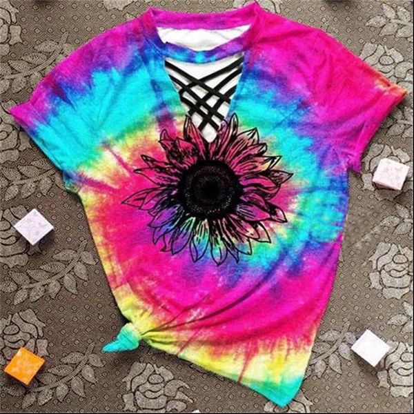 

hollow out women t shirt 2021 tie dye women clothes short sleeve tees floral print tee halter v neck, White