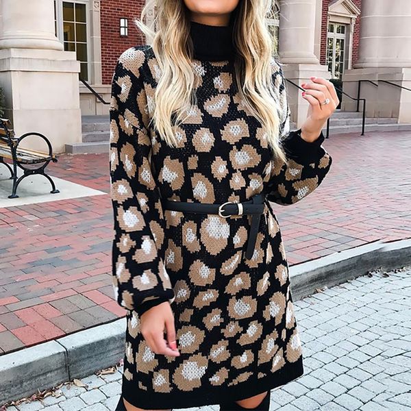 

2021 new women's fashion print knitted ladies turtleneck sweater autumn and winter elegant warm knee-length wlfz, Black;gray