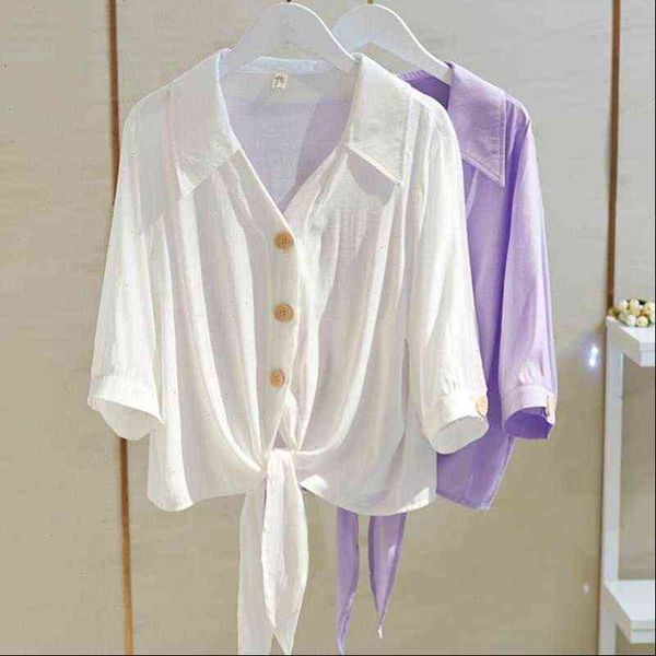 

short sleeve white summer womens shirts buttoned up tied waist elegant blouses cropped loose blouse