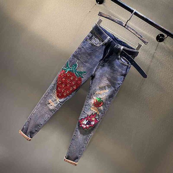 

women's jeans pants new summer thin diamond-studded high-waisted western style slim slimming pencil noou, Blue