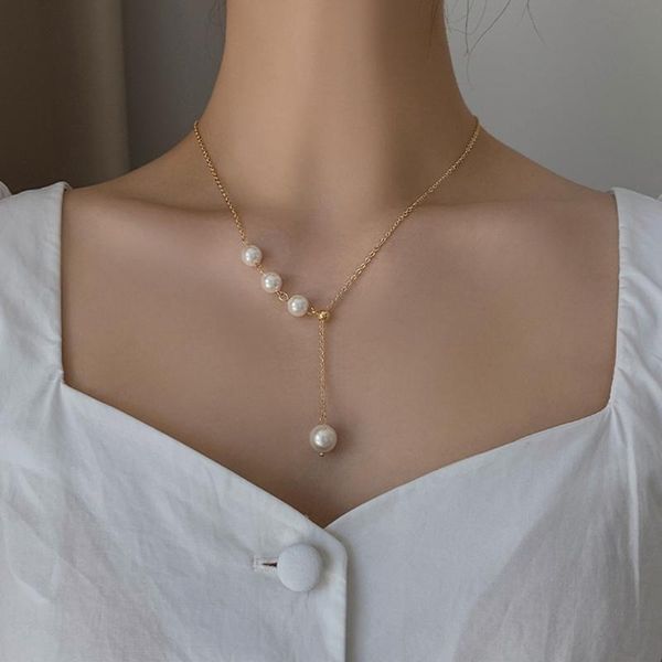 

chokers fashion creative simple pearl pendant pullable adjustable necklace lady jewelry | gold color, Golden;silver