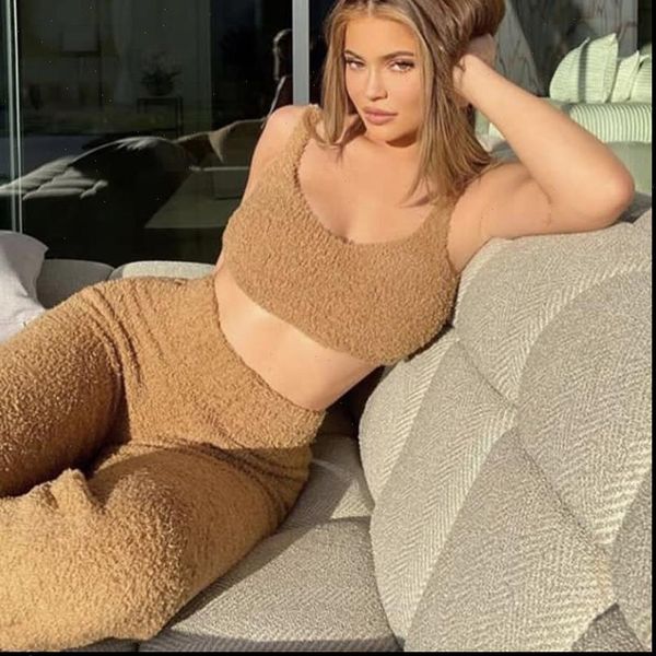 

fluffy two piece set lounge 2 piece set women sweater knit tank and pants casual homewear outfits home suit, Gray
