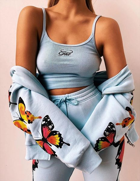

tracksuit suit butterfly camisole womenpant crop long sleeve hooded jacket loose hoodies sweatshirt sport set clothing, White