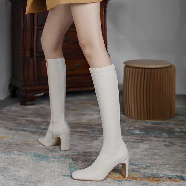 

zawsthia spring winter block high heels pu stretch slim knee high booties big size 33-46 zipper female fashion boots women 210611, Black