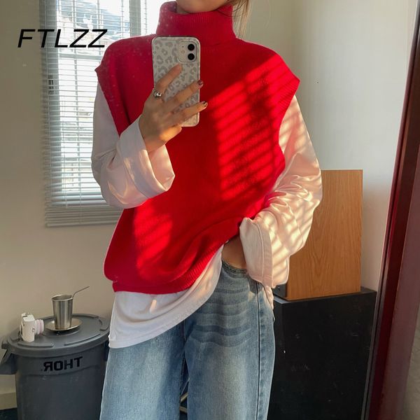 

women turtleneck sweater 2021 new spring autumn sleeveless loose oversize pullover korean knitted sweaters i8jc, White;black