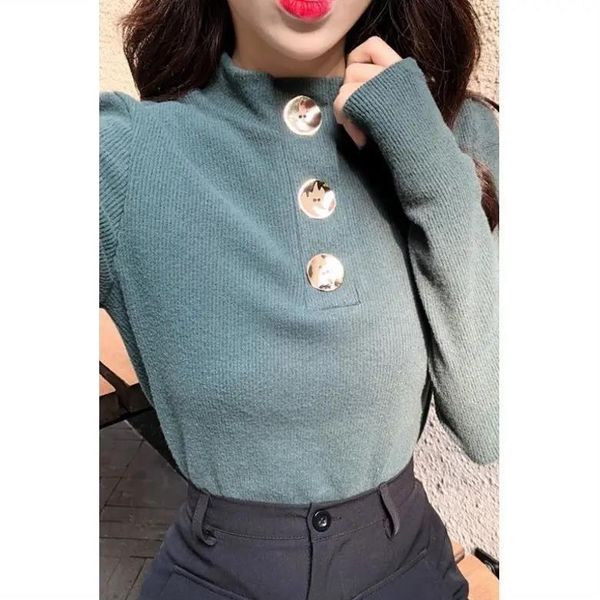 

women's sweaters autumn winter turtleneck pullovers long sleeve short korean slim-fit tight big button sweater, White;black