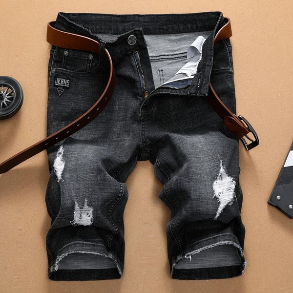 

2021 summer new men straighdenim shorts fashion trend leisure hole ripped jeans black elastic short male brand plus size 40 42, White;black