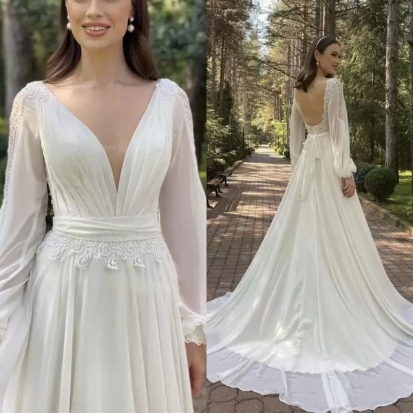 

2022 beach boho plus size a line wedding dresses bridal gown with long sleeves backless sweep train lace chiffon vestidos de novia, White