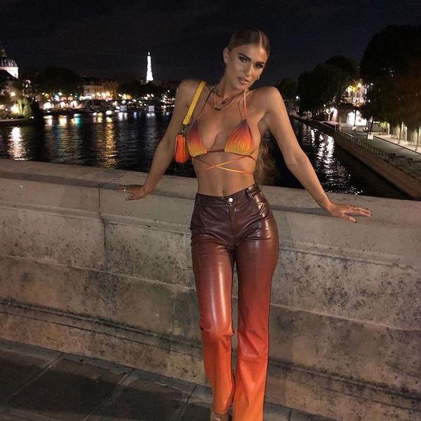 

women's pants & capris women gradient colorful y2k faux leather straight vintage office lady slim 2021 autumn fashion streetwear trouse, Black;white