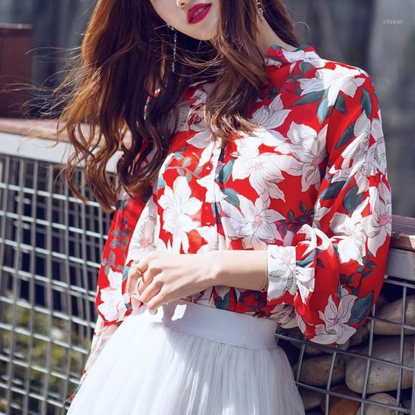 

women's blouses & shirts 2021 spring fall fashion women ladies logn sleeve flower print chiffon and blouses, casual loose blouse flora, White