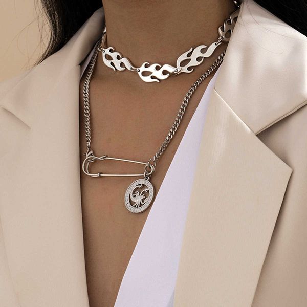 

jewelry exaggeration hip hop style flame chain female personality pin scorpio pendant necklace, Silver