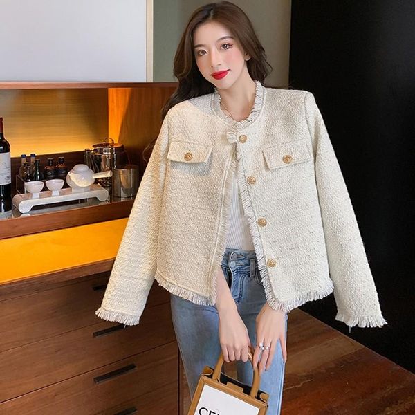 

women's jackets runway fall winter long sleeve glod button tassel tweed slim elegant wool coats office outwear top, Black;brown