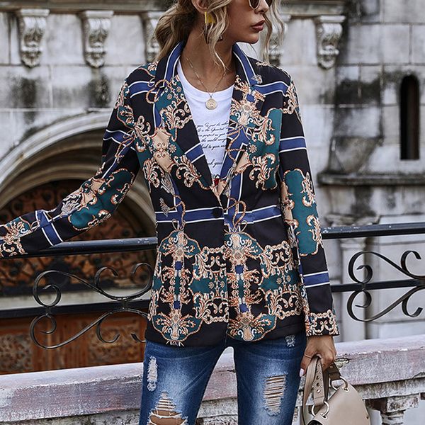 

2021 new vintage stylish printed slim blazers jacket autumn high street long sleeve winter clothes women single-breasted h1l3, White;black
