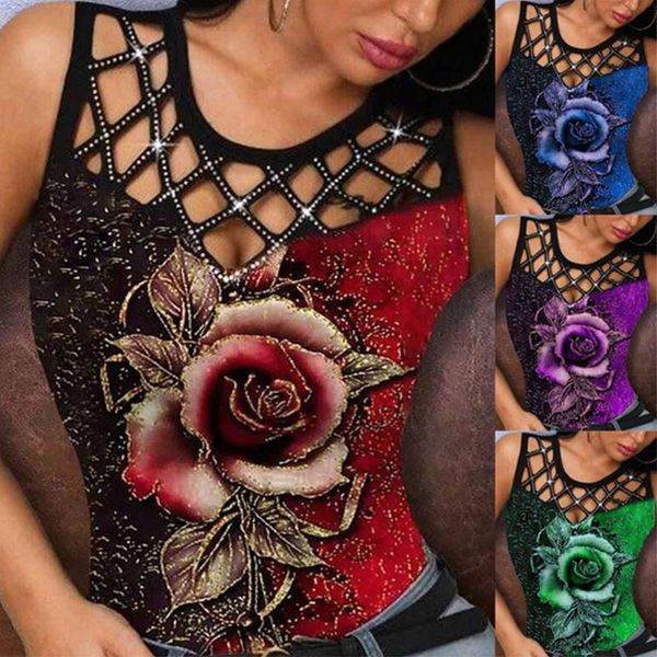 

women's tanks & camis 3d rose printed hollow out sleeveless shirt women summer casual o neck fashion tshirt vest plus size party club t, White