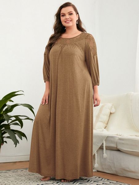 

plus contrast lace lantern sleeve nightgown s69e#, Black;white